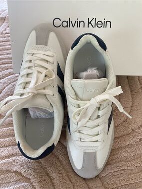 Calvin Klein Women’s White, Navy & Light Gray Leather Sneakers